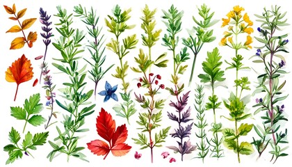 Wall Mural - Colorful Watercolor Depiction of Various Herb Leaves Against Clean White Canvas