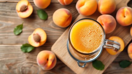 Wall Mural - Aerial shot of a glass pitcher brimming with peach juice, surrounded by whole ripe peaches.