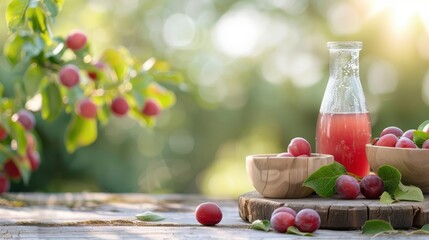 Wall Mural - A carafe of rich plum juice on a rustic wooden table, accompanied by fresh plums, set in a sunlit garden, evoking a sense of tranquility.