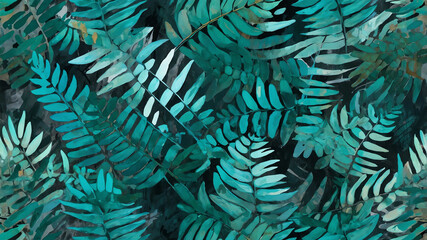 Poster - Teal fern leaves floating in fragmented brushstroke abstract background