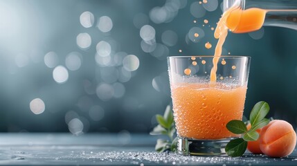 Apricot juice being poured into a frosty glass, with condensation droplets highlighting its cool and refreshing quality.