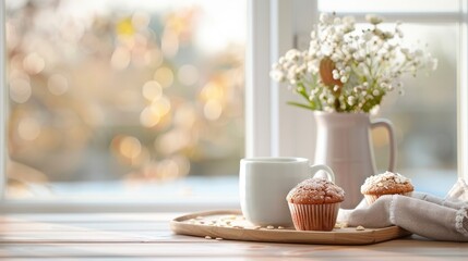 Wall Mural - A cozy kitchen with a pitcher of beetroot juice and freshly baked beetroot muffins, creating a warm and inviting atmosphere.