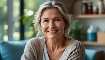 Wall Mural - Hopeful Portrait of a Resilient Woman in a Caring Clinic After Chemotherapy