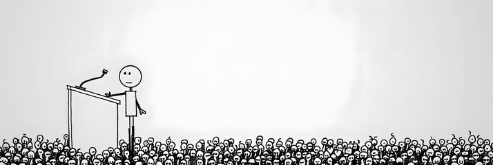a stick figure stands confidently at a podium