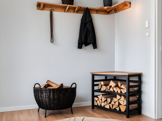 Wall Mural - Wooden bench stand in corner of room. Fir in black basket stand on it and firewood lays under it