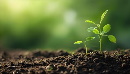 Emerging green plant in soil representing growth and new beginnings amidst a blurred natural backdrop