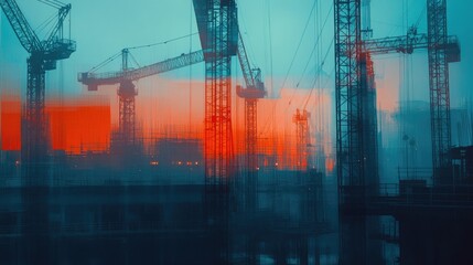 A double exposure image of construction cranes silhouetted against a sunrise, with a blurred cityscape in the background.