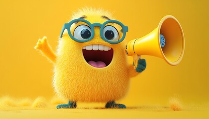 Pixarstyle cute monster with glasses and a smiley mouth, holding a yellow megaphone, isolated with no background