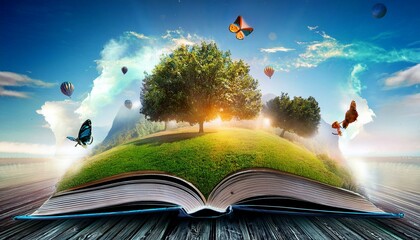 book with earth globe, magic book with magic wand, magic book with magic wand and globe, magic book with magic wand and stars, magic book with magic lights, Fantasy world inside of the book. Concept o