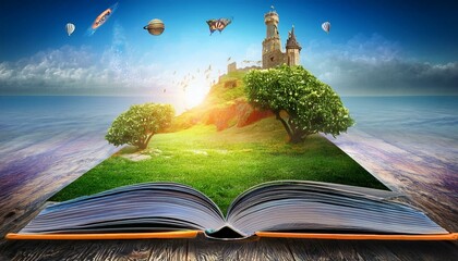 book with earth globe, magic book with magic wand, magic book with magic wand and globe, magic book with magic wand and stars, magic book with magic lights, Fantasy world inside of the book. Concept o