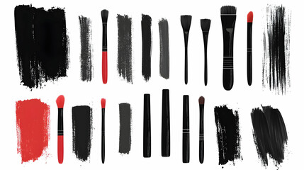 Makeup Brushes Black and Red Strokes Set Design Elements for Beauty and Fashion