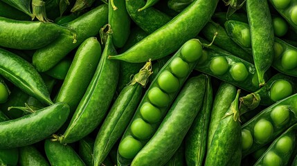 A close-up of fresh peas (Pisum sativum) in their pods, ready for market sale