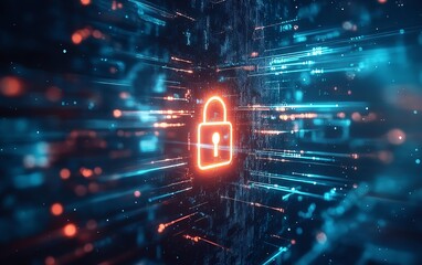 Fototapete - Abstract cyber security concept, glowing padlock icon in center, network data streams, dynamic lines on light blue background, futuristic style