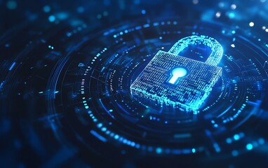 Aufkleber - Abstract padlock with binary code, layered futuristic circles, blue and white background, representing cybersecurity protection