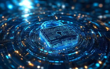 Aufkleber - Abstract padlock with binary code, layered futuristic circles, blue and white background, representing cybersecurity protection