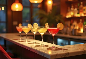 Five colorful gin tonic cocktails in wine glasses on bar counter in pup or restaurant