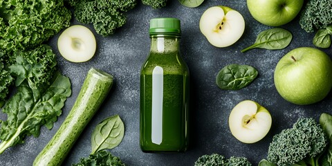 Green smoothie ingredients including kale, apple, cucumber, and spinach arranged on a dark gray background.