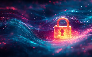 Poster - Cyber protection image, glowing padlock symbol, intertwined data streams, vibrant dynamic lines, light blue gradient backdrop, techdriven concept
