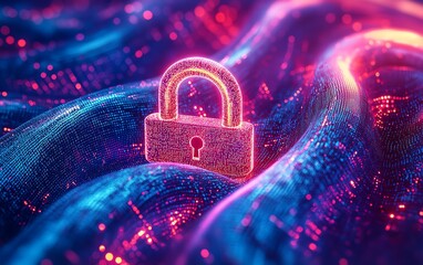 Aufkleber - Cyber protection image, glowing padlock symbol, intertwined data streams, vibrant dynamic lines, light blue gradient backdrop, techdriven concept