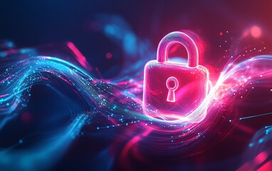 Aufkleber - Cyber protection image, glowing padlock symbol, intertwined data streams, vibrant dynamic lines, light blue gradient backdrop, techdriven concept