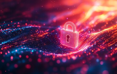 Aufkleber - Cyber protection image, glowing padlock symbol, intertwined data streams, vibrant dynamic lines, light blue gradient backdrop, techdriven concept