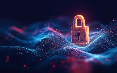 Aufkleber - Cyber security visual, padlock icon in focus, data transmission waves, dynamic swirling lines, gradient blue background, modern digital design