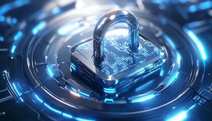 Aufkleber - Cybersecurity illustration, metallic padlock with binary code, futuristic circular elements, blue and white backdrop, digital security concept