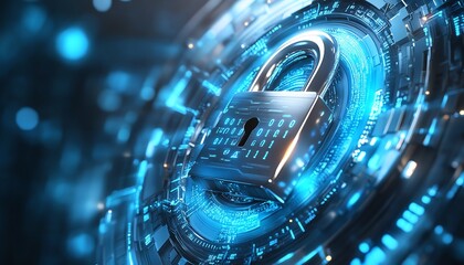 Aufkleber - Cybersecurity illustration, metallic padlock with binary code, futuristic circular elements, blue and white backdrop, digital security concept