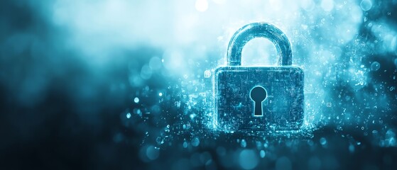 Poster - Cybersecurity padlock icon, digital binary stream, abstract futuristic circles, soft blue and white backdrop, tech protection theme
