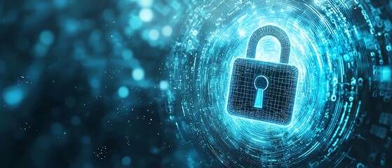 Poster - Cybersecurity padlock icon, digital binary stream, abstract futuristic circles, soft blue and white backdrop, tech protection theme