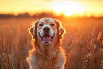 Wall Mural - Golden Retriever in Sunset Field