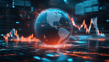 Poster - Digital infographic, globe surrounded by financial graphs, global economic data, light blue and white backdrop, analytics focus