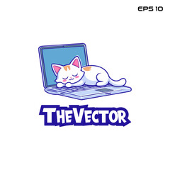 Wall Mural - Sleepy cat on laptop logo, vector, mascot, character, cartoon, illustration, eps10