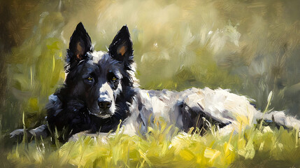 Black German Shepherd Dog Lying in Grass Oil Painting