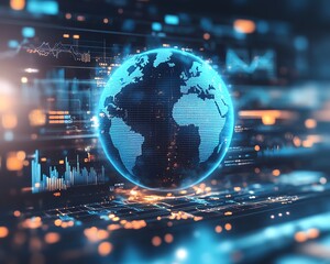 Poster - Digital infographic, globe at center, financial graphs and charts, statistical data, light blue and white background, global analytics focus