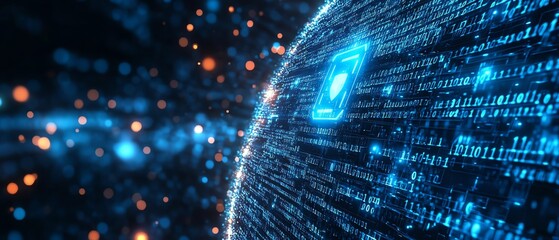 Aufkleber - Digital lock icon, binary code and dynamic circles, modern blue and white background, cybersecurity and data protection theme