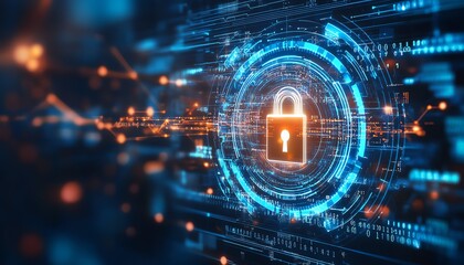 Aufkleber - Digital padlock illustration, binary code overlay, futuristic circles, blue and white background, cybersecurity concept