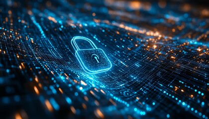 Aufkleber - Futuristic digital security, sleek padlock icon, abstract data mapping, flowing network lines, cool blue tones, dynamic tech visual