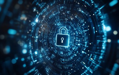 Aufkleber - Futuristic padlock design, binary code matrix, glowing circles, blue and white background, representing cybersecurity