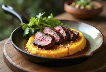 Beef flank steak in grill pan with batata puree garlic and herb decoration