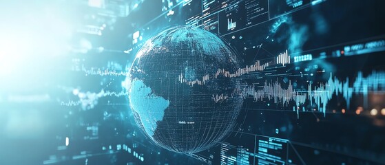 Poster - Global finance visualization, digital infographic with globe, charts and data points, light blue and white backdrop, analytics and trends focus