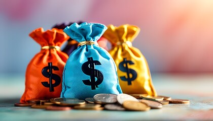 Vibrant money bag adorned with a dollar sign and coins symbolizing wealth, finance, and savings against a gentle backdrop