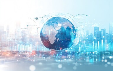 Poster - Infographic design with globe, financial trends and statistical data, dynamic graphs on light blue and white background, representing global finance