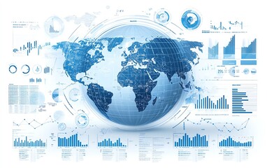 Poster - Infographic design with globe, financial trends and statistical data, dynamic graphs on light blue and white background, representing global finance