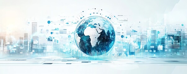 Poster - Infographic with globe, financial trends graphs, statistical data in layers, light blue and white background, representing global financial analytics