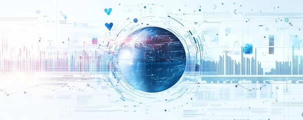 Poster - Infographic with globe, financial trends graphs, statistical data in layers, light blue and white background, representing global financial analytics