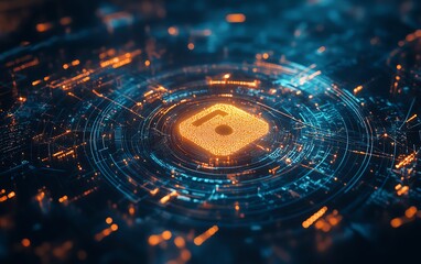 Aufkleber - Abstract cyber security concept, glowing padlock icon in center, network data streams, dynamic lines on light blue background, futuristic style