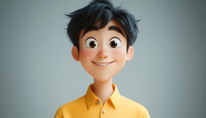 3D cartoon portrait of a smiling Asian young man, wearing yellow shirt, light background, happy human emotions concept