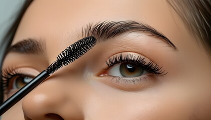 Intimate closeup of woman enhancing her eyes with mascara, highlighting the detailed makeup process and precision of the mascara brush