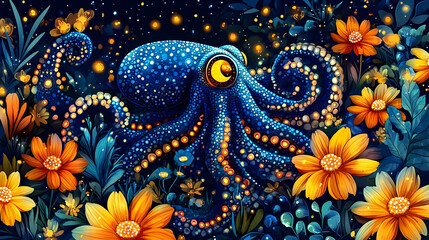 Wall Mural - Blue Octopus with Glowing Flowers Night Illustration